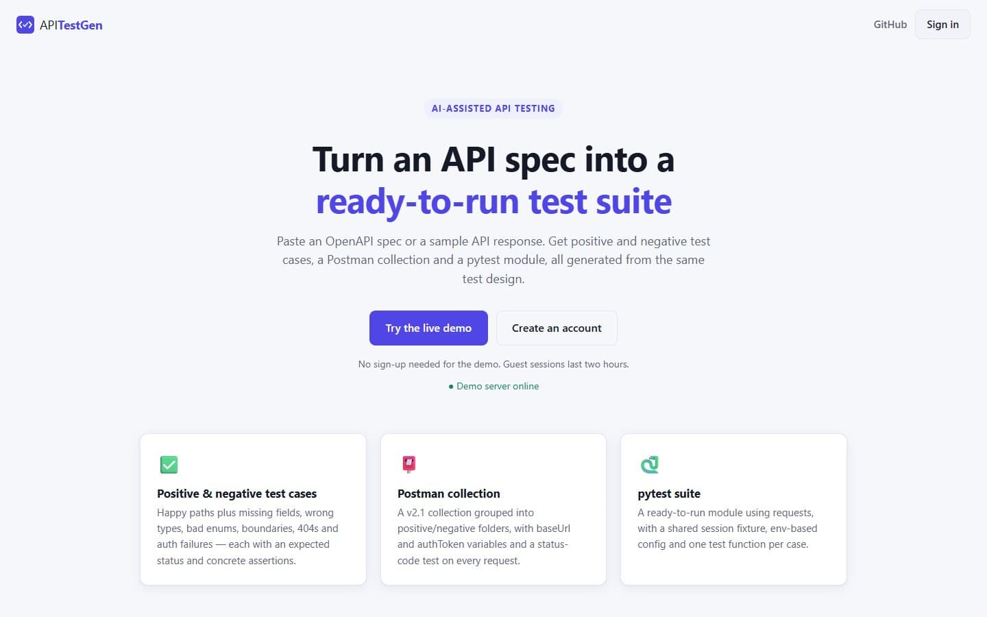 APITestGen landing page with the Try the live demo button