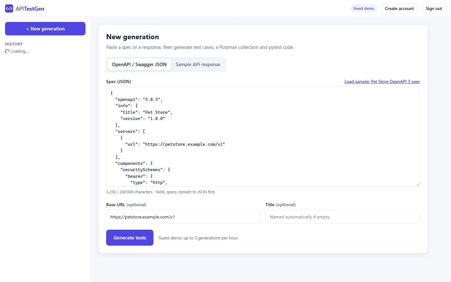 New generation form with a sample OpenAPI spec loaded