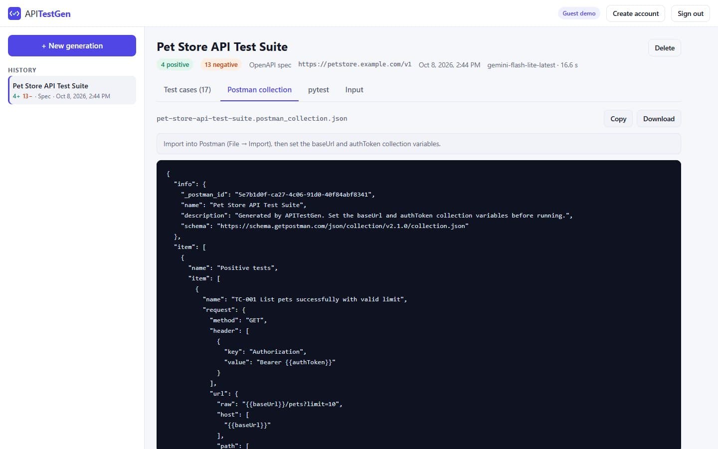 Generated Postman v2.1 collection JSON with copy and download buttons