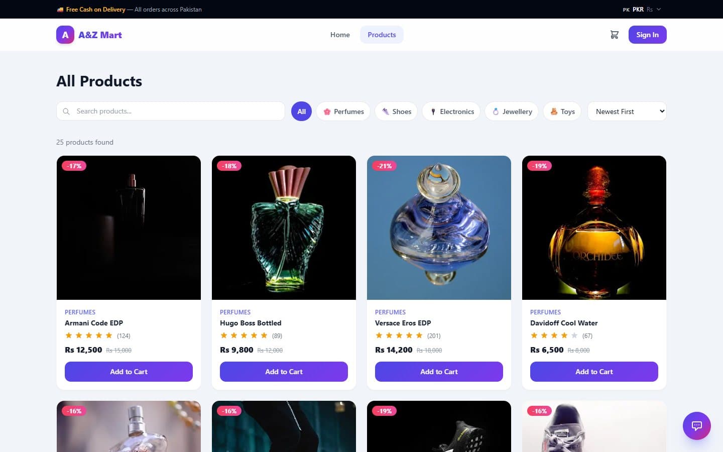 Product catalogue with search, category filters and sorting