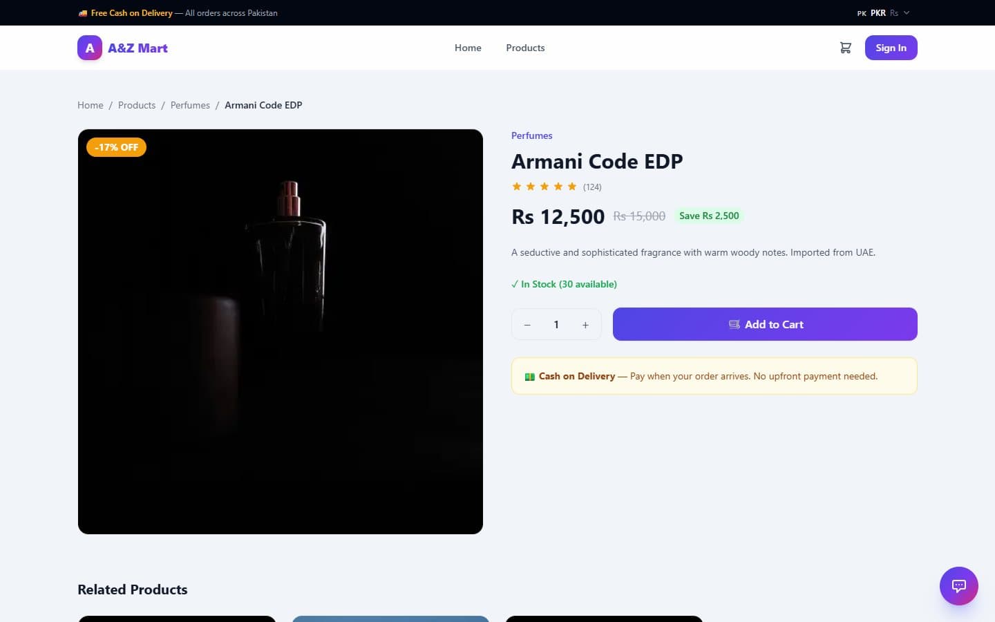 Product detail page with price, quantity and Add to Cart