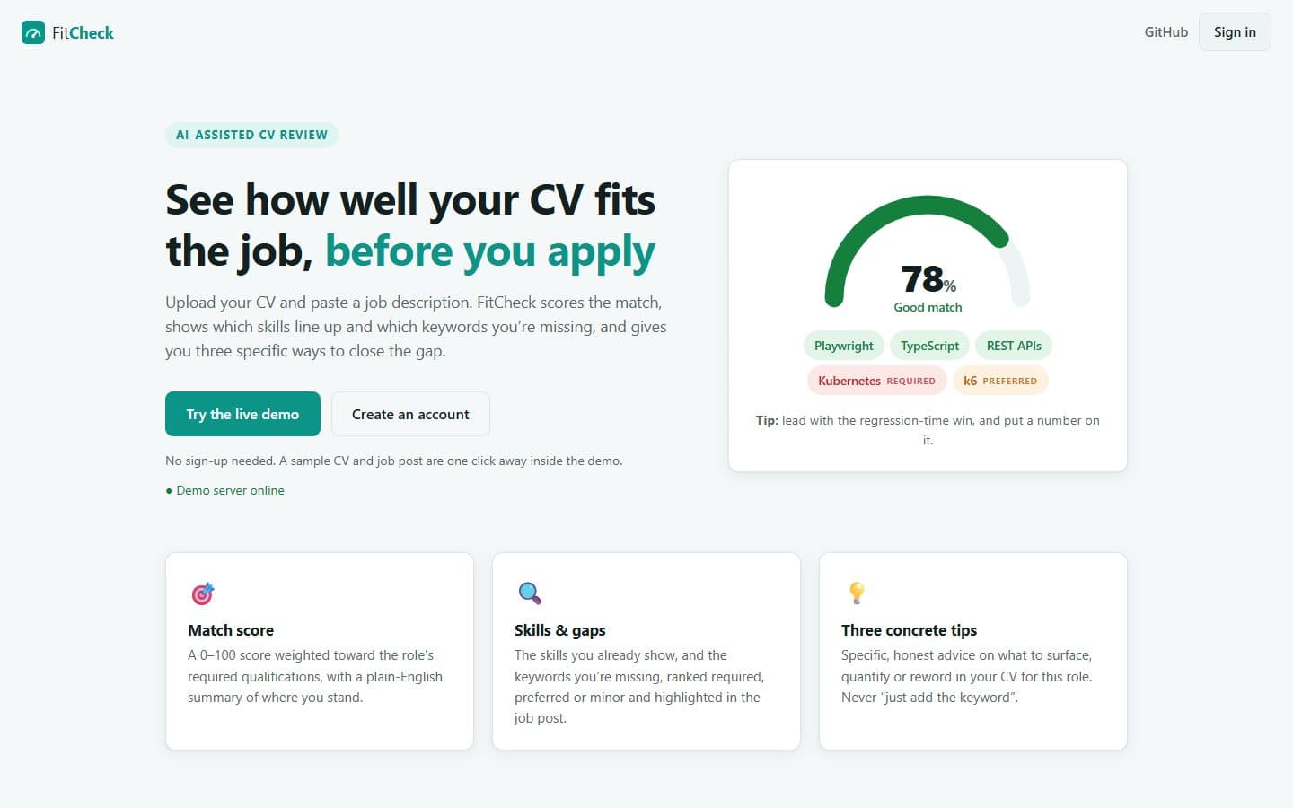 FitCheck landing page with a preview score gauge and the Try the live demo button