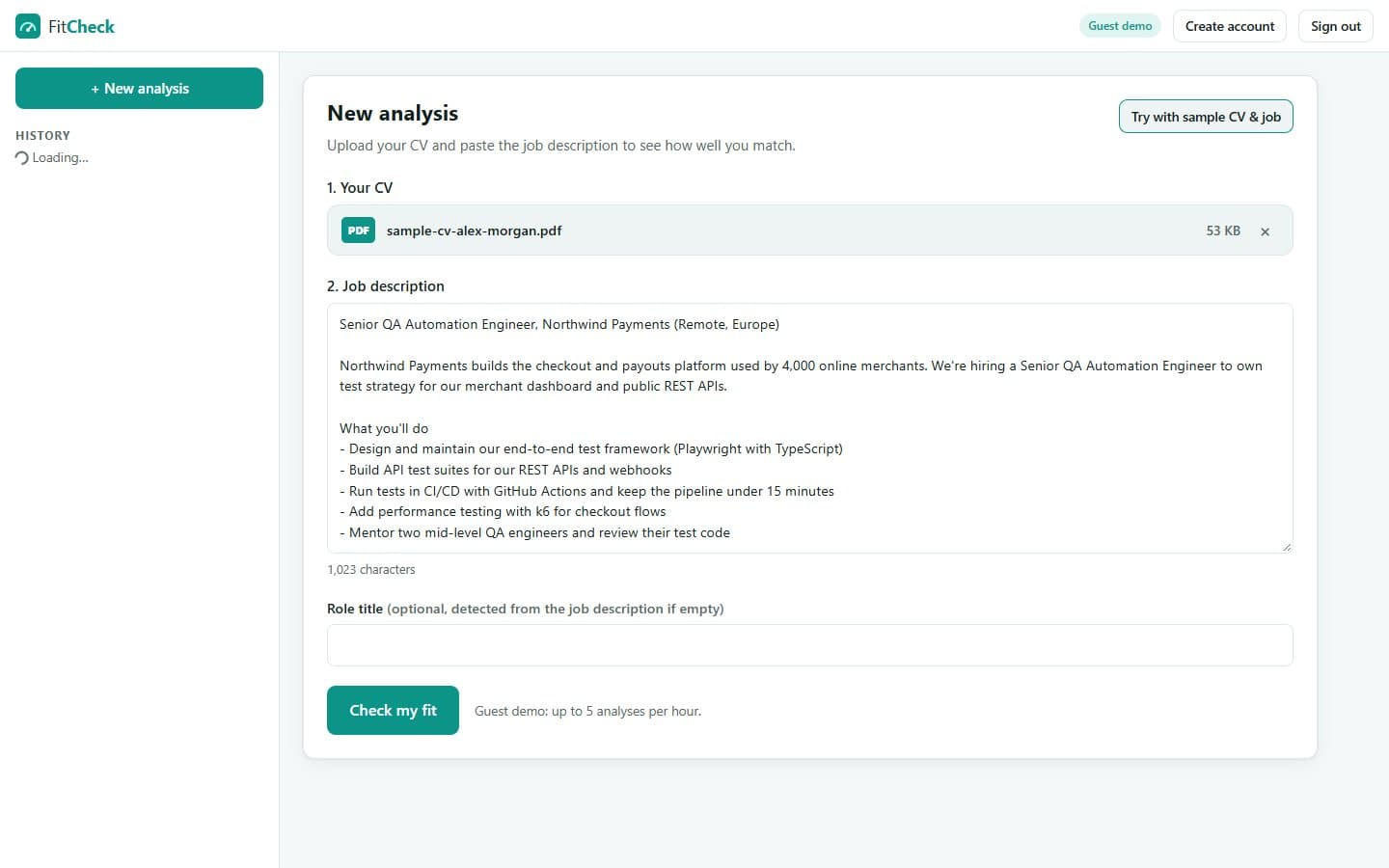 New analysis form with an attached sample CV and a pasted job description