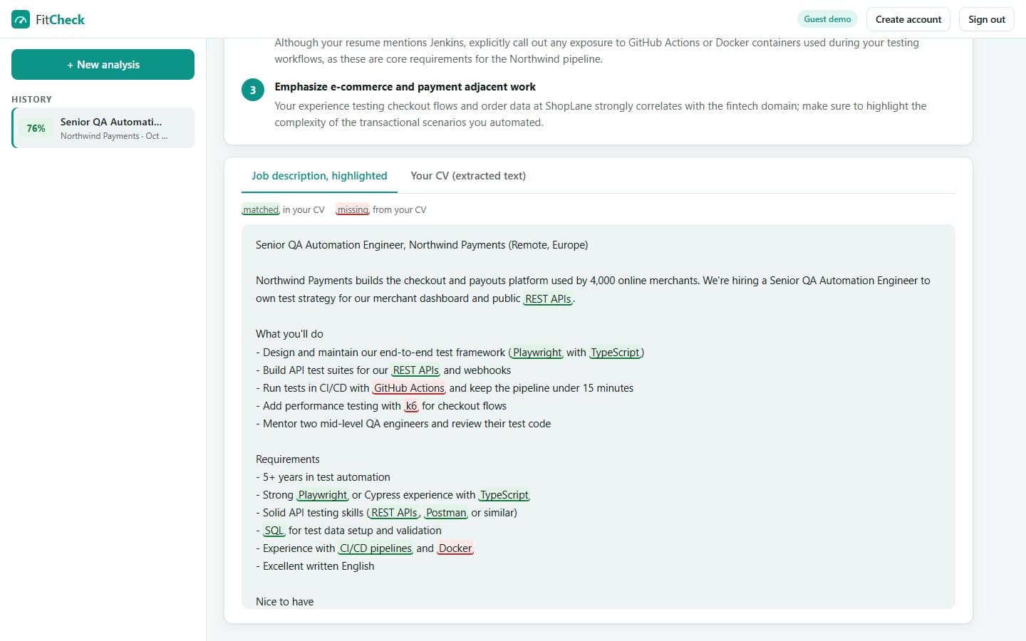 Job description with matched terms highlighted green and missing terms red