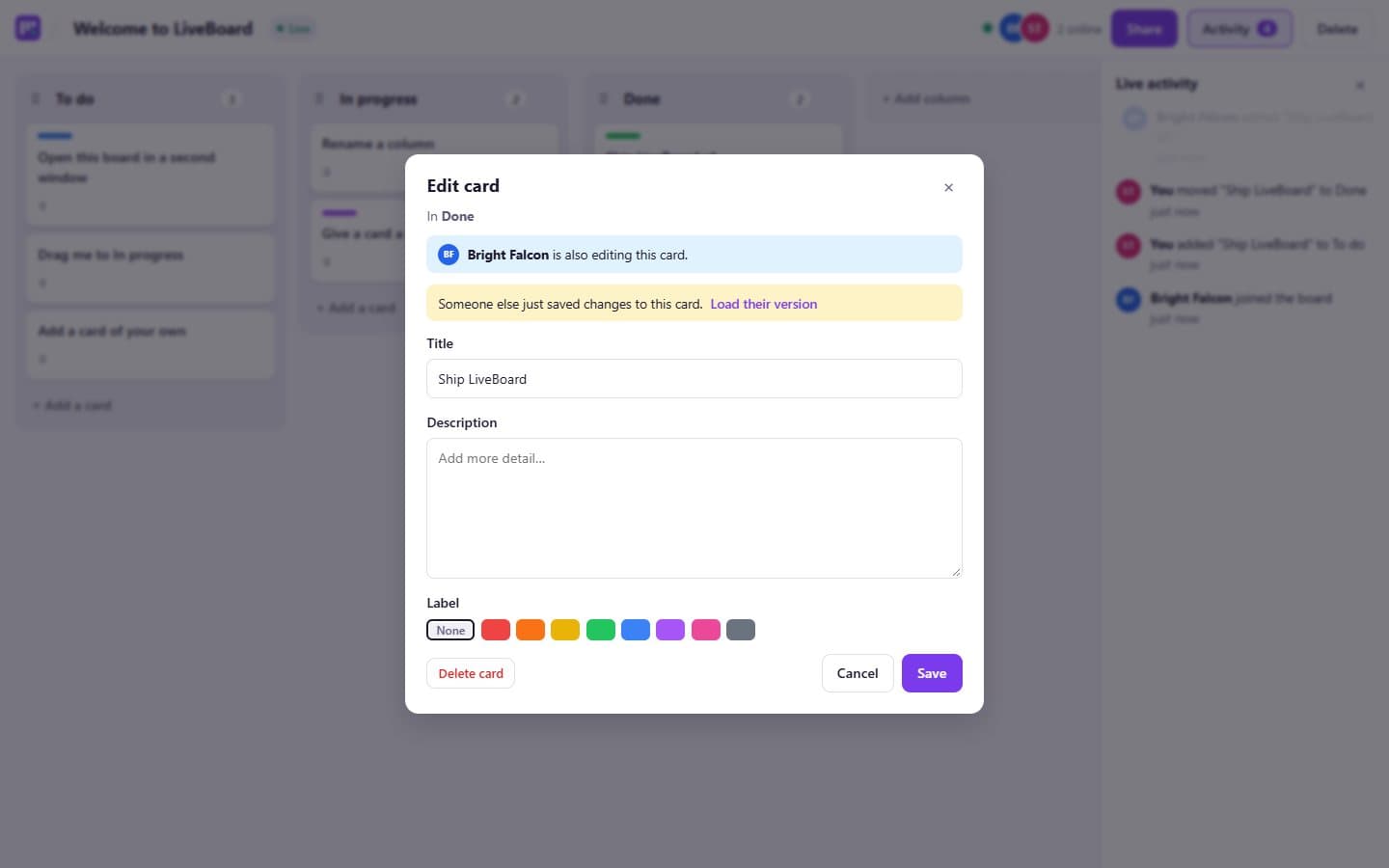 Card editor showing a notice that someone else just saved changes, with a Load their version link