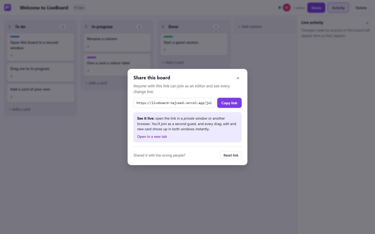 Share dialog with the board's invite link, copy button and reset link option