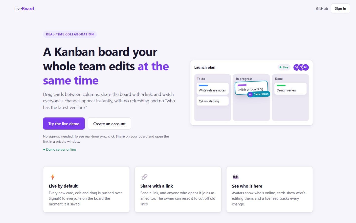 LiveBoard landing page with a preview board and the Try the live demo button