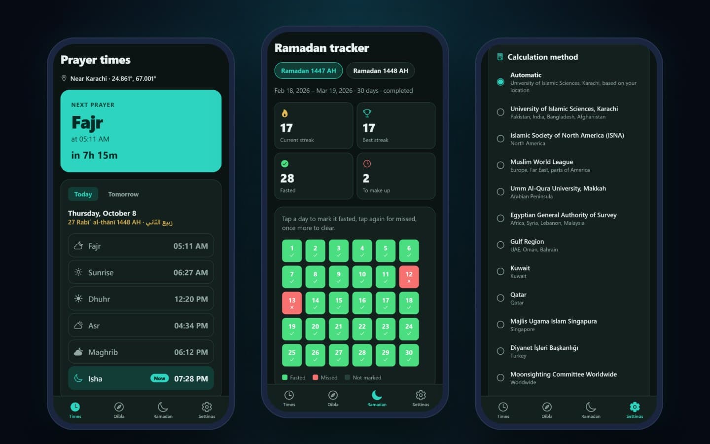 Prayer times, Ramadan tracker and settings in dark mode