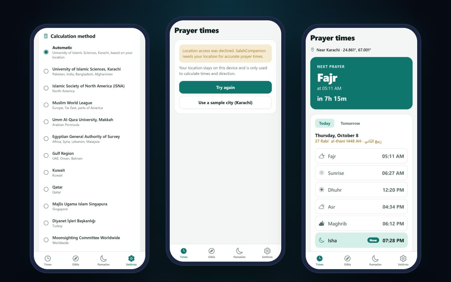Calculation method settings, the location-declined screen and the prayer times list