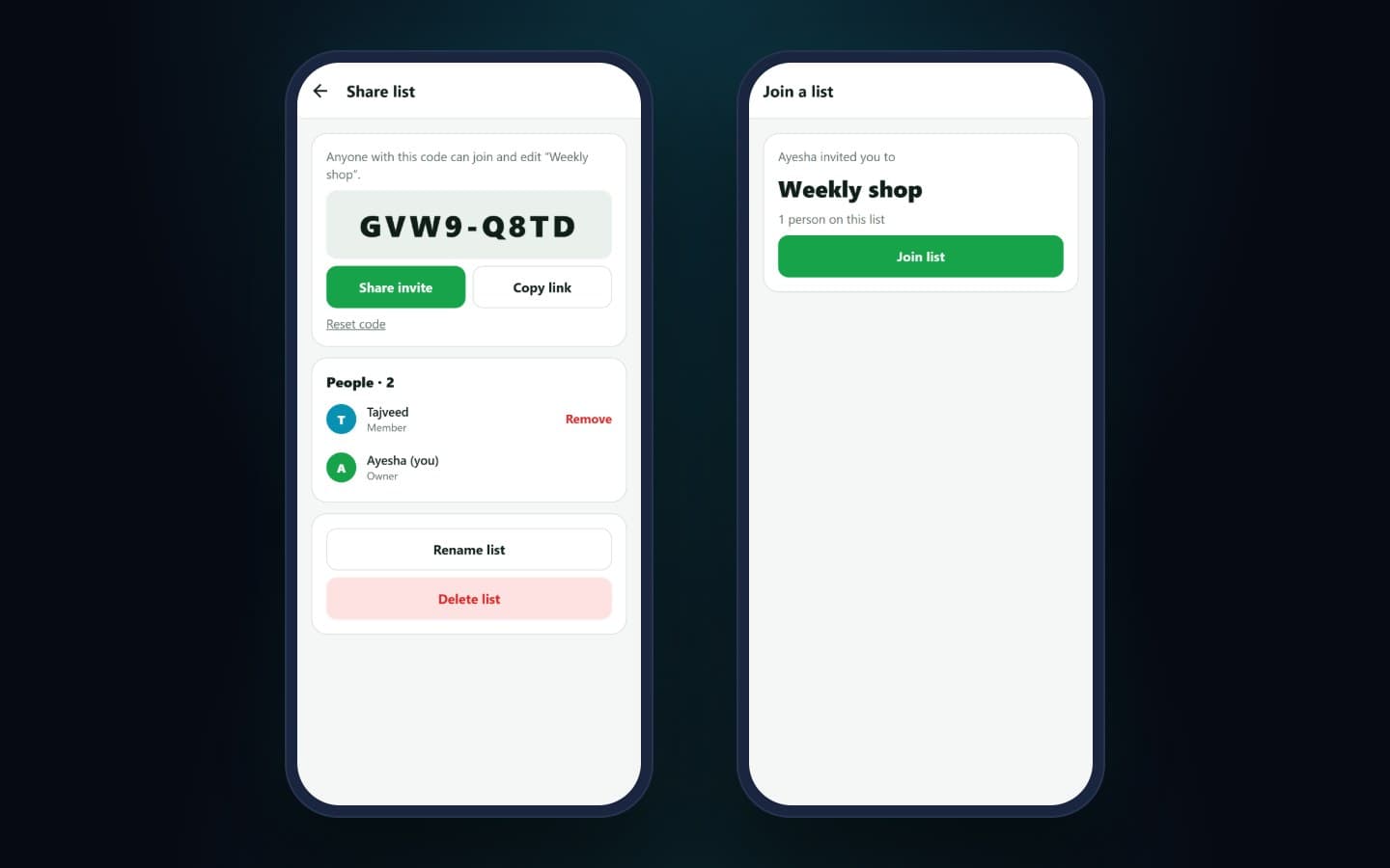 The share screen with an invite code and members, next to the join screen saying Ayesha invited you to Weekly shop