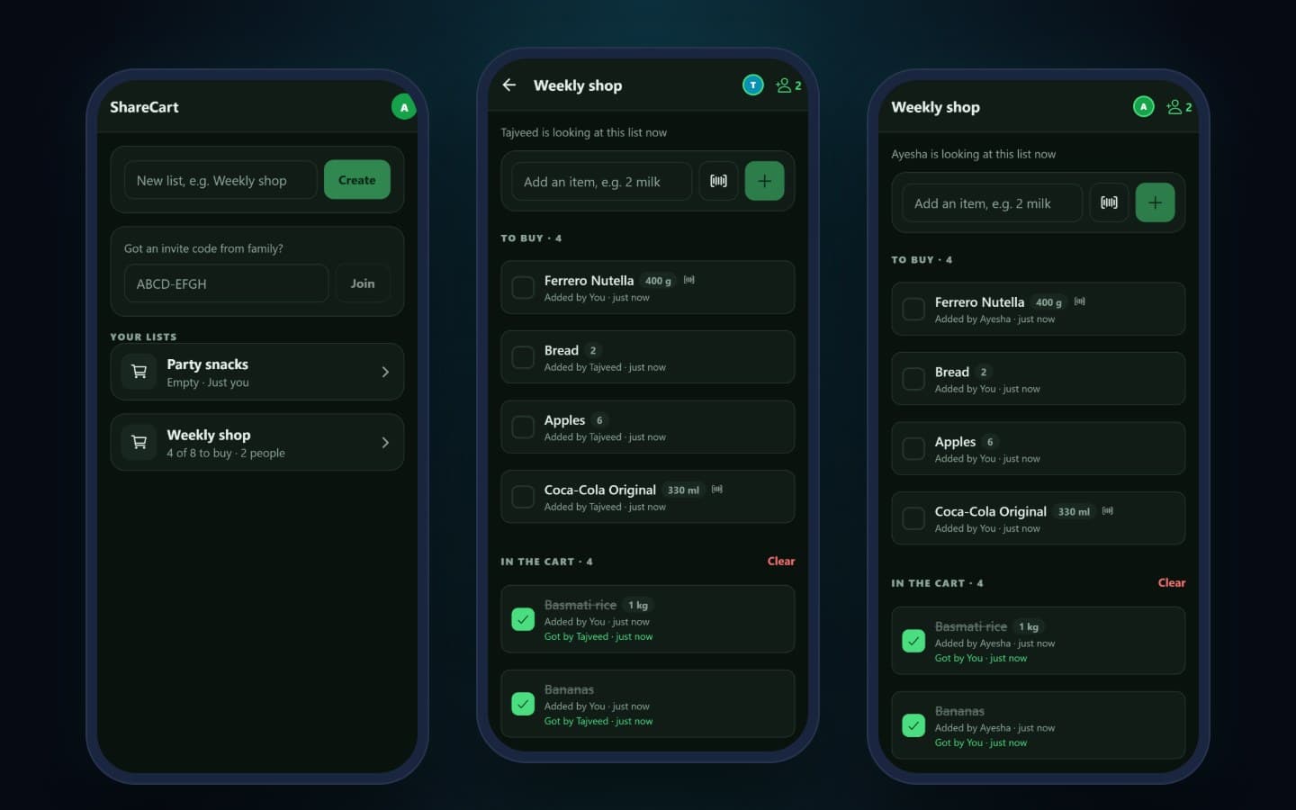 ShareCart's lists screen and a shared list on two phones in dark mode