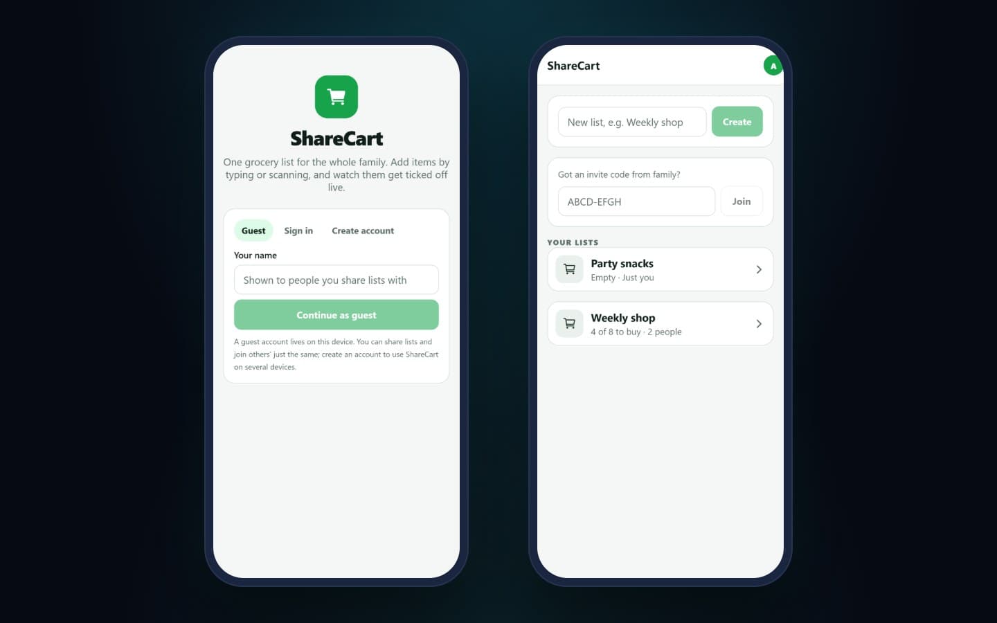 ShareCart's sign-in screen with guest, sign in and create account options, next to the lists screen