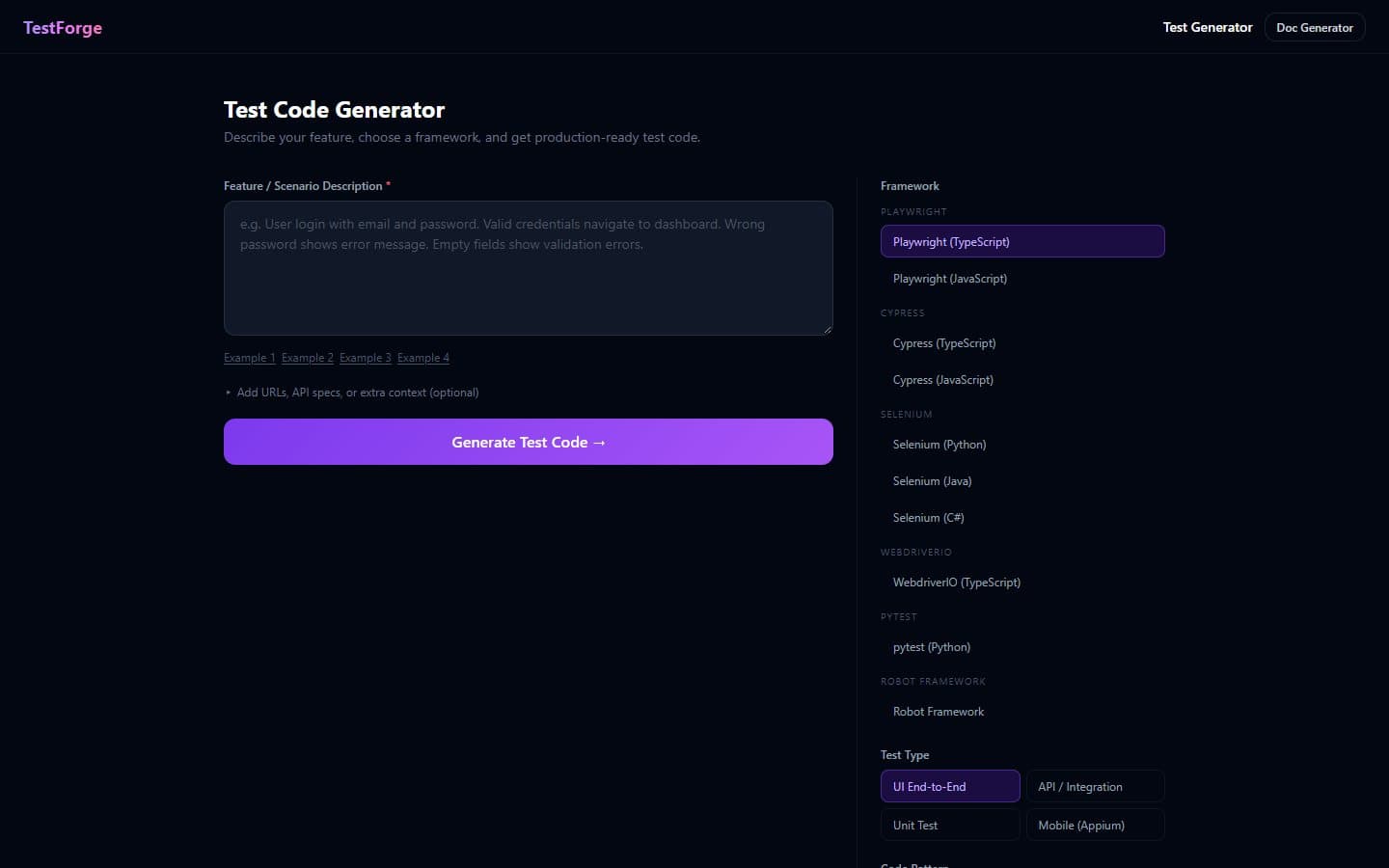 Test code generator with framework, language and pattern selectors