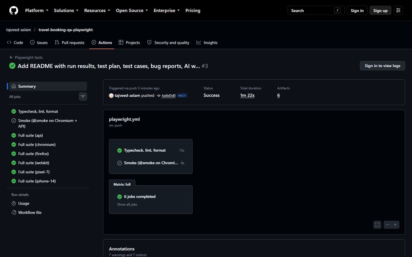 GitHub Actions run: typecheck, lint and format plus a six-job test matrix, all green