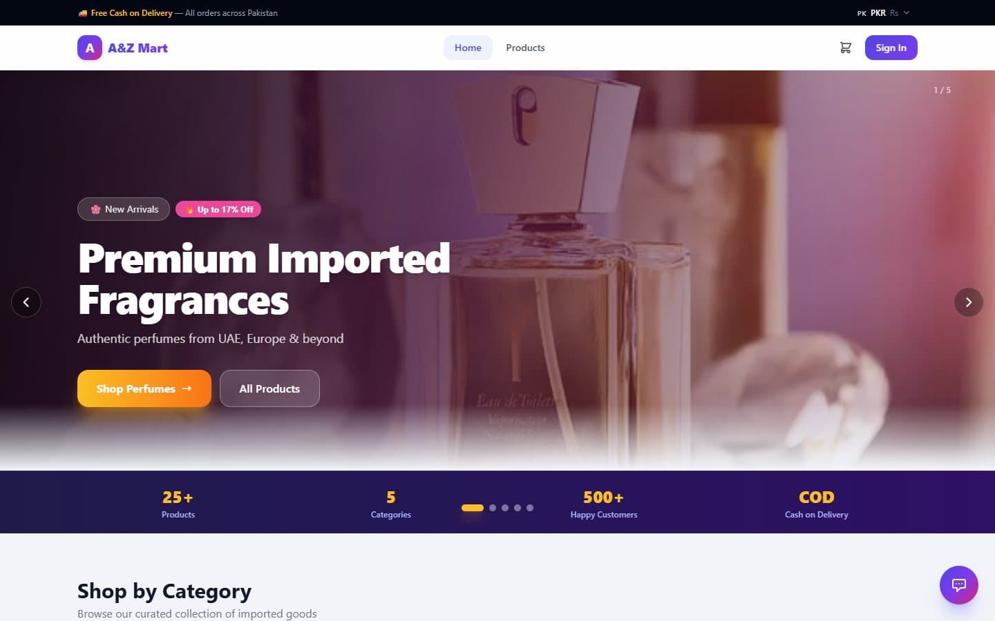 A&Z Mart homepage hero for premium imported fragrances