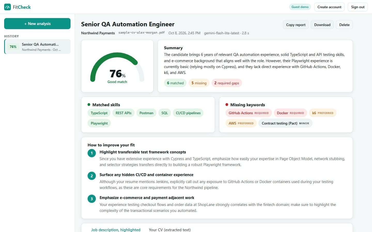 FitCheck result with a 76% match gauge, summary, matched skills and missing keywords