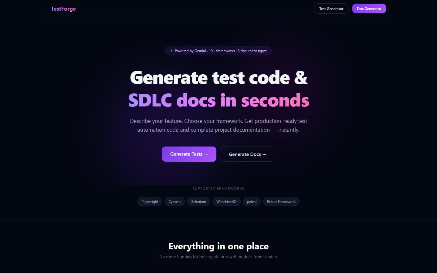 TestForge landing: generate test code and SDLC docs in seconds